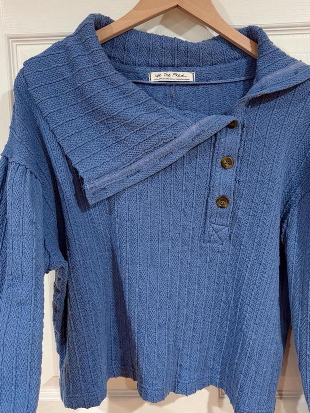 We The Free Dusty Blue Ribbed Fold-Over Collar Pullover